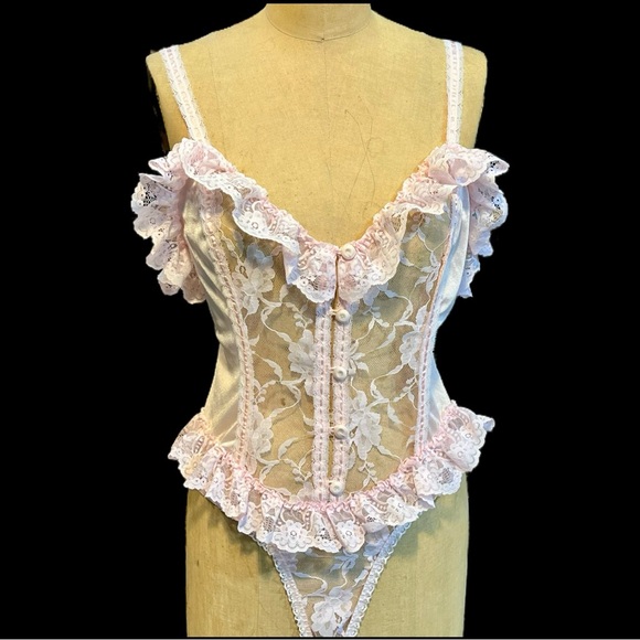 Vintage Other - VINTAGE 80s lace frilly lingerie nylon teddy teddie negligee pastel pink ruffles